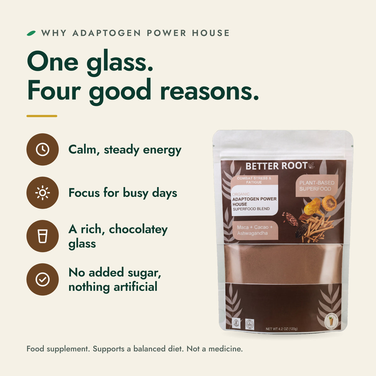 Adaptogen Power House benefits: one glass a day, no added sugar