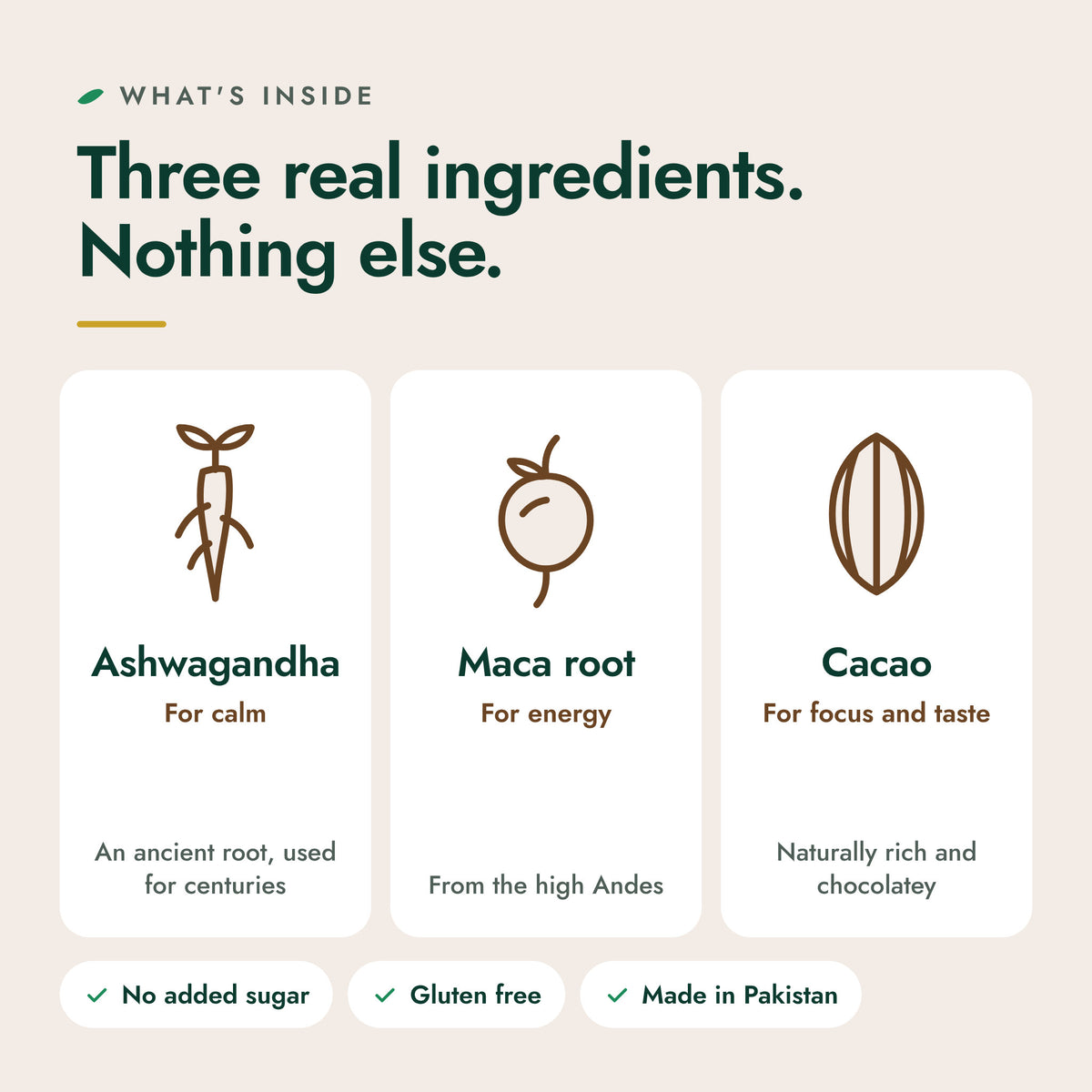 Adaptogen Power House ingredients: ashwagandha, maca root and cacao, nothing else added