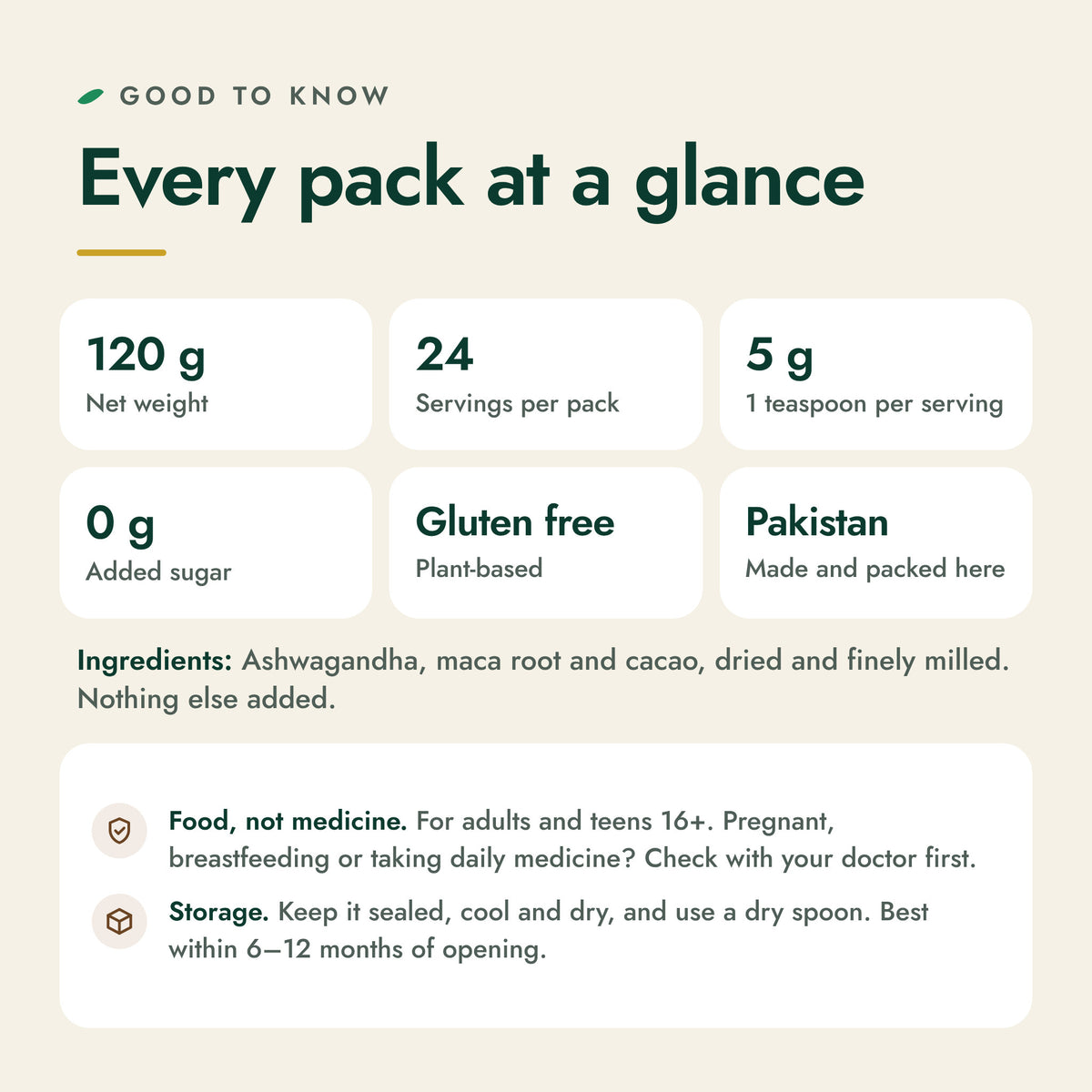 Adaptogen Power House pack facts: 120 g, 24 servings, 0 g added sugar