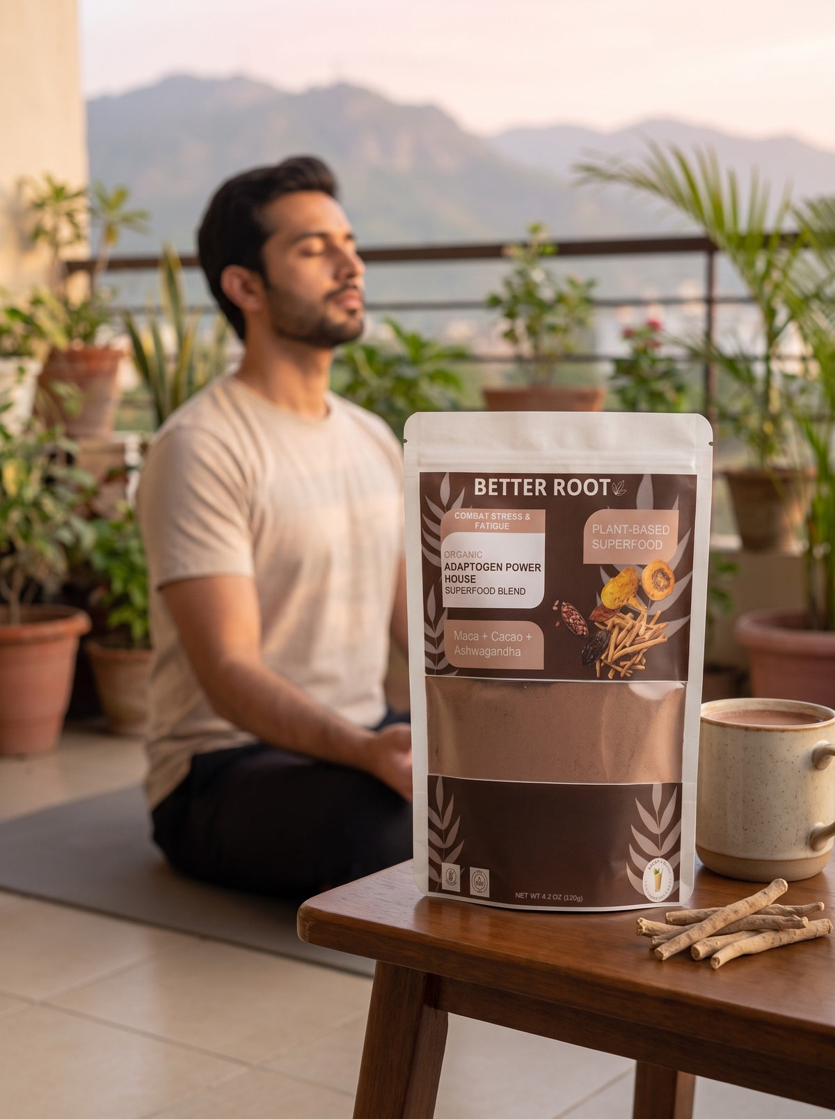 Man relaxing on a balcony next to a pack of Adaptogen Power House