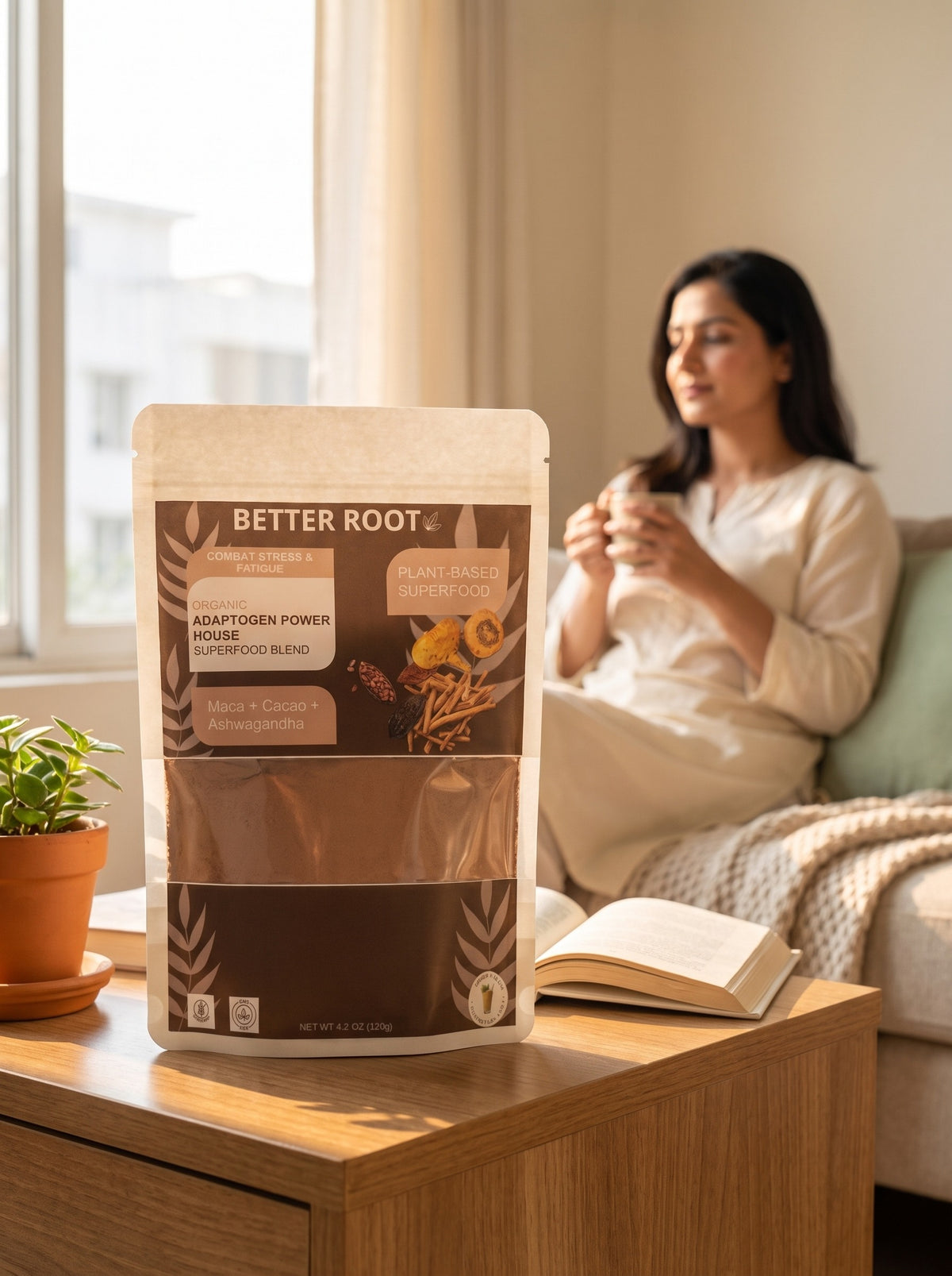 Woman reading on the sofa with a warm cup of Adaptogen Power House